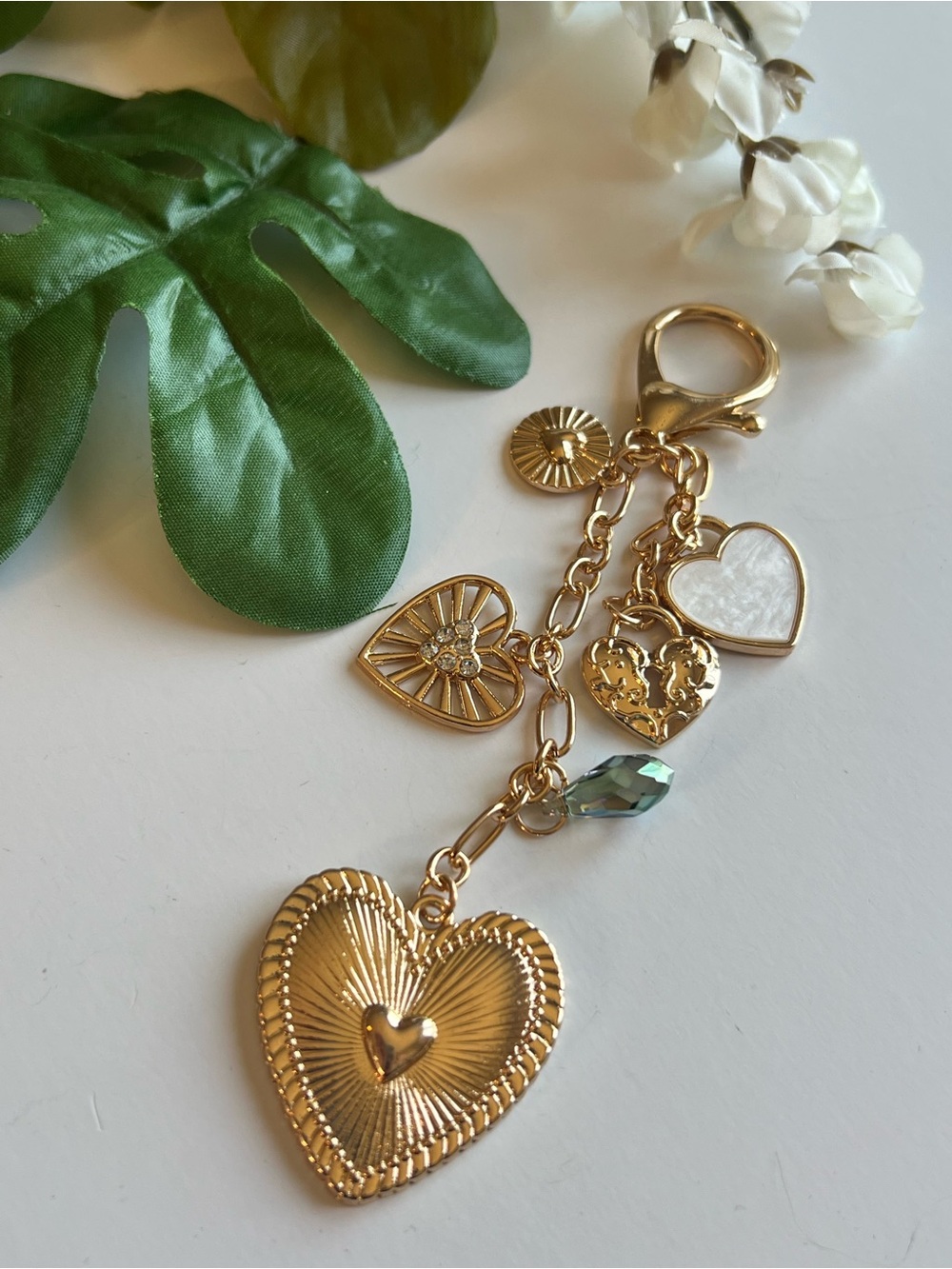 Gold Heart Bag Charm Keychain with Mother-of-Pearl Accent & Green Crystal
